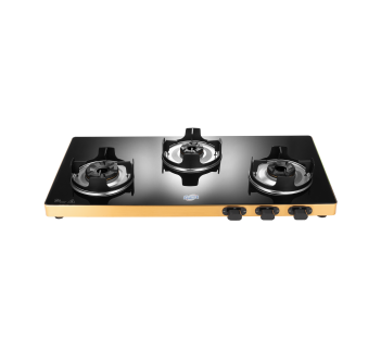 Jyoti 323 Slender Gold 3D| 3 Burner Gas Stove | Toughened Glass Cooktop | 3D Forged Brass Burners with Golden Non-rusting Frame Base