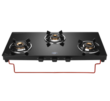 Jyoti 327 Sleek Black | 3 burner Gas Stove | Toughened Glass Cooktop | 3D Swirl Brass Burners with a Black SS Frame Base | lift To Clean Stand