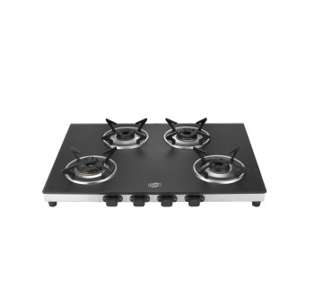 Jyoti 427 Matte 3D | 4 burner Gas Stove | Matte finish Toughened Glass Cooktop | 3D Forged Brass Burners with SS Frame Base