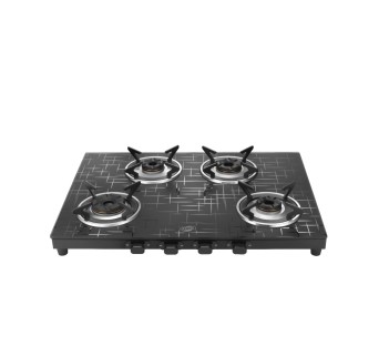 Jyoti 427 Sparkle 3D | 4 burner Gas Stove | Designer Matte finish Toughened Glass Cooktop | 3D Torando Brass Burners with SS Frame Base