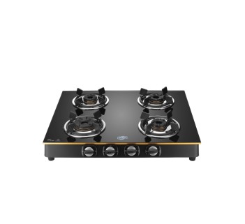 Jyoti 428  Goldline 3D | 4 burner Gas Stove | Toughened Glass Cooktop | 3D Tornado Brass Burners with SS Frame Base