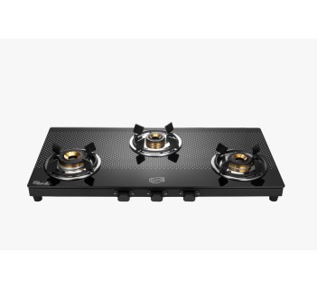 Jyoti 327 Sleek Polka Dot | 3 burner Gas Stove | Toughened Glass Cooktop | 3D Swirl Brass Burners with a Black SS Frame Base