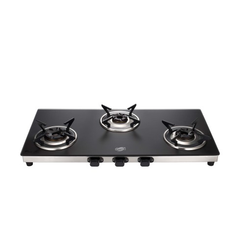 Jyoti 327 Matte 3D | 3 burner Gas Stove | Matte finish Toughened Glass Cooktop | 3D Forged Brass Burners with SS Frame Base