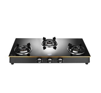 Jyoti 328 Goldline 3D | 3 burner Gas Stove | Toughened Glass Cooktop | 3D Brass Burners with SS Frame Base