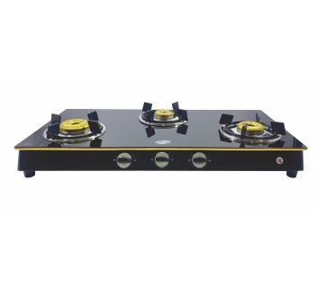 Jyoti 328 Goldline | 3 burner Gas Stove | Toughened Glass Cooktop | Forged Brass Burners with SS Frame Base