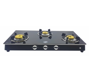 Jyoti 328 Silverline | 3 burner Gas Stove | Toughened Glass Cooktop | Forged Brass Burners with SS Frame Base